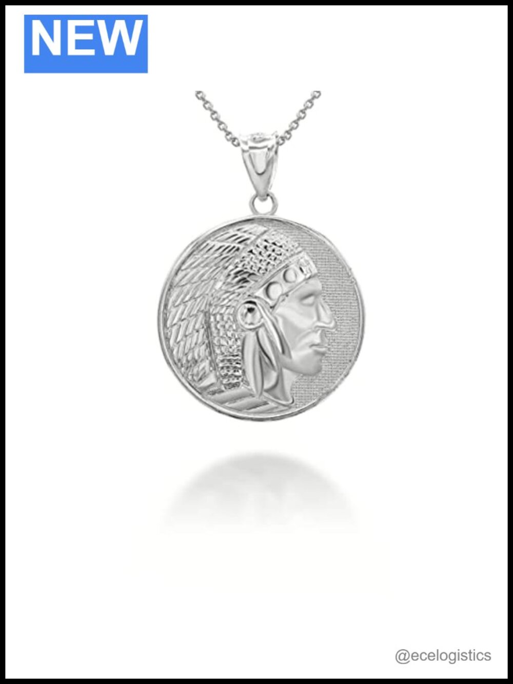 Sterling Silver Apache Indian Chief Head Pendant Necklace Rolo Chain